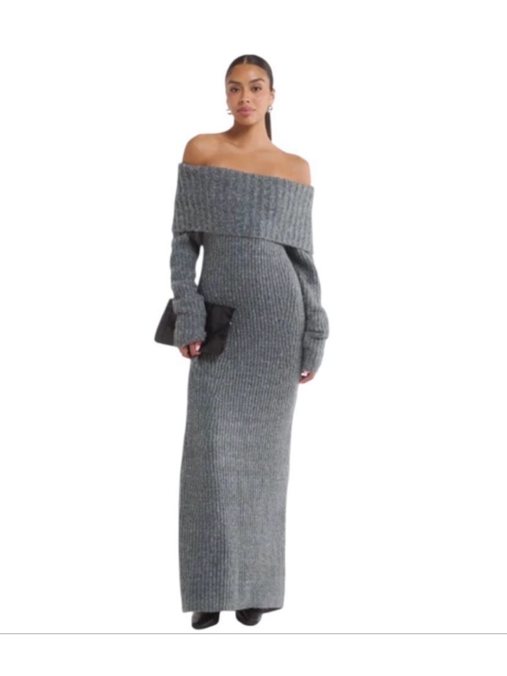 Rumored Fireside Off-Shoulder Ribbed Knit Maxi Dress in Heather Grey - size M